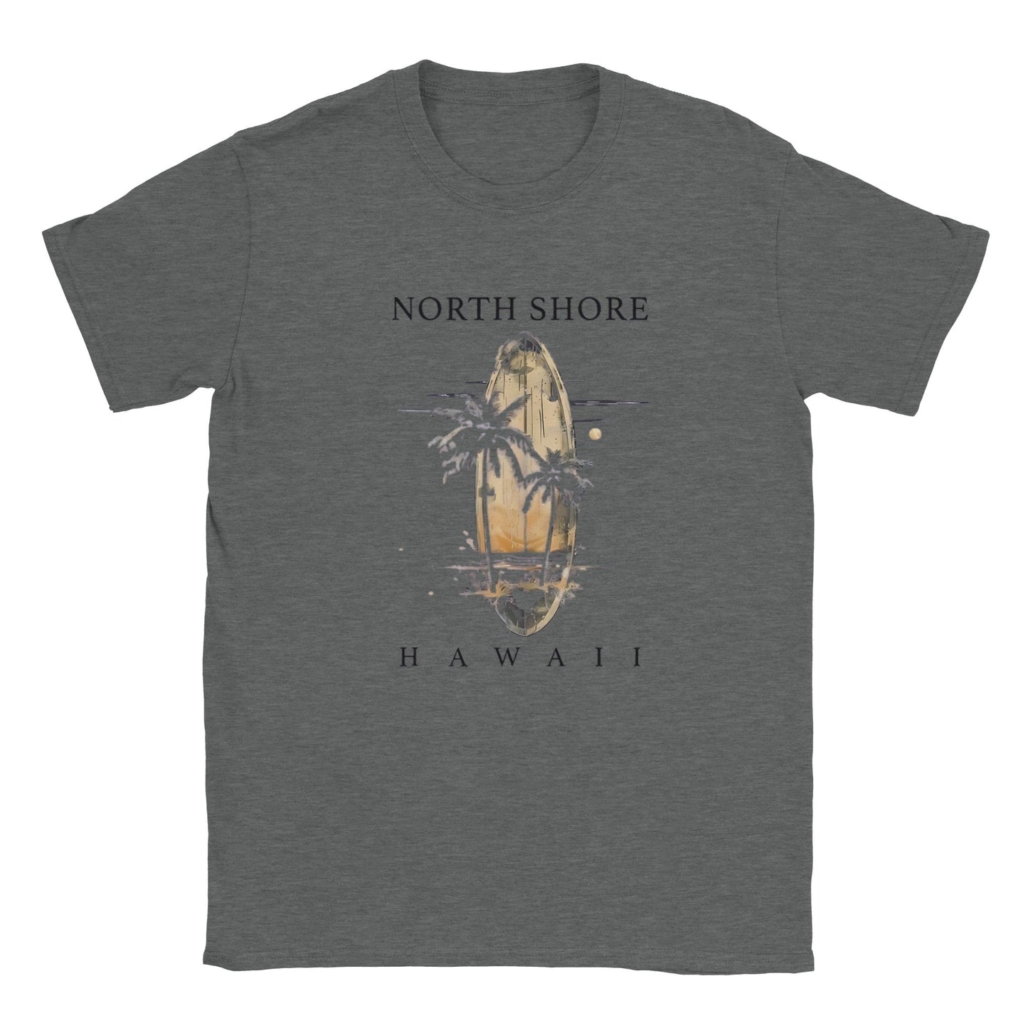unisex hawaii strand shirt in gray with north shore surfboard and palm tree design for summer comfort and style