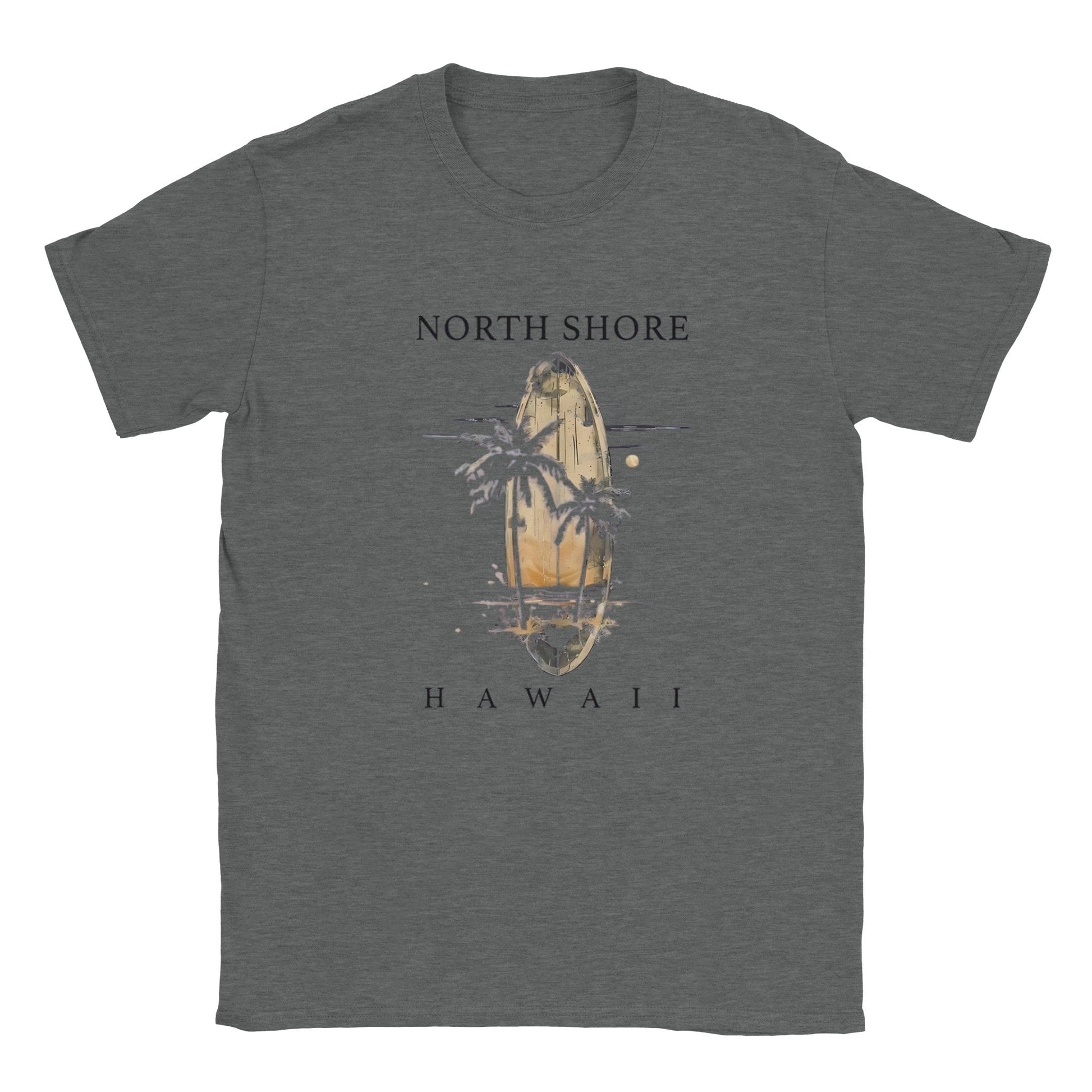 Unisex Hawaii Strand Shirt in gray with North Shore surfboard and palm tree design for summer comfort and style