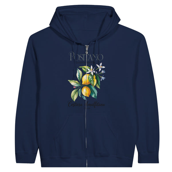 Damen Amalfi Zip Hoodie in Blau mit Zitronenmotiv, nachhaltiger Komfort und Stil