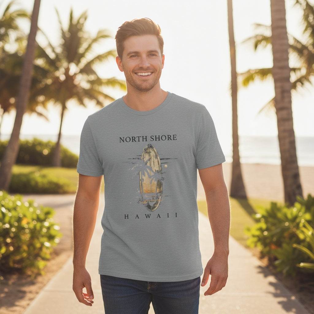 mann trägt hawaii sommer beach t-shirt mit north shore hawaii motiv am strand bei sonnenuntergang