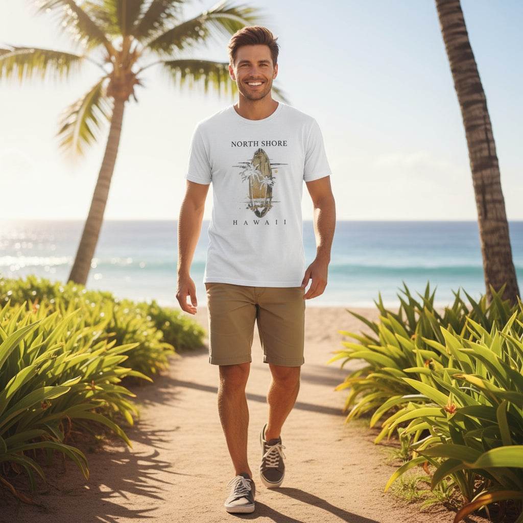 Männliches Modell am Strand trägt weißes Hawaii Sommer Beach Unisex T-Shirt mit Palmen-Print und beige Shorts