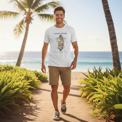 Männliches Modell am Strand trägt weißes Hawaii Sommer Beach Unisex T-Shirt mit Palmen-Print und beige Shorts