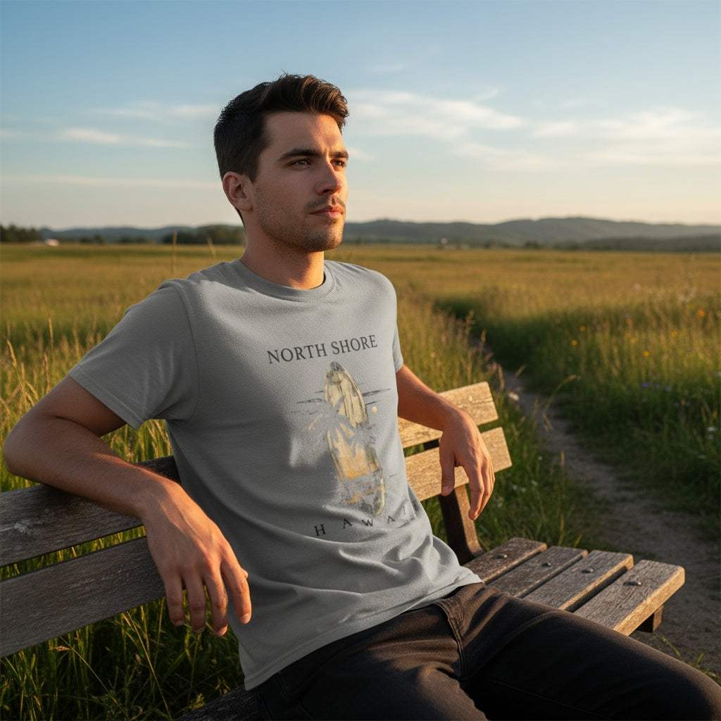 Mann trägt Hawaii Sommer Beach Unisex T-Shirt aus Baumwolle mit North Shore Print auf Holzbank im Freien