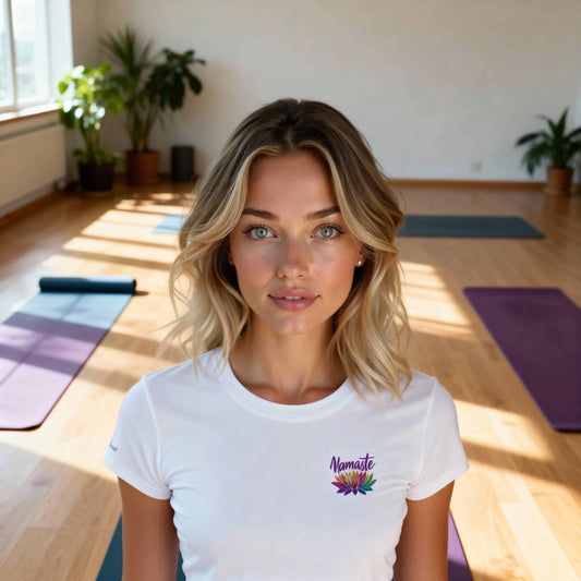 Yoga Komfort Damen T-Shirt weiß mit Namaste-Motiv für bequeme Yogaübungen