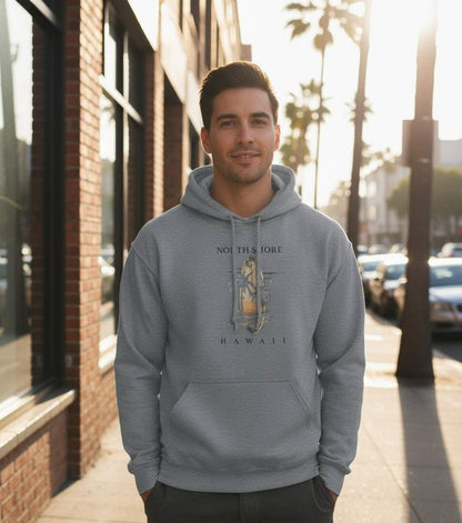 Sommertraum Hawaii Hoodie grauer Hoodie mit tropischem Motiv getragen bei Sonnenlicht draußen