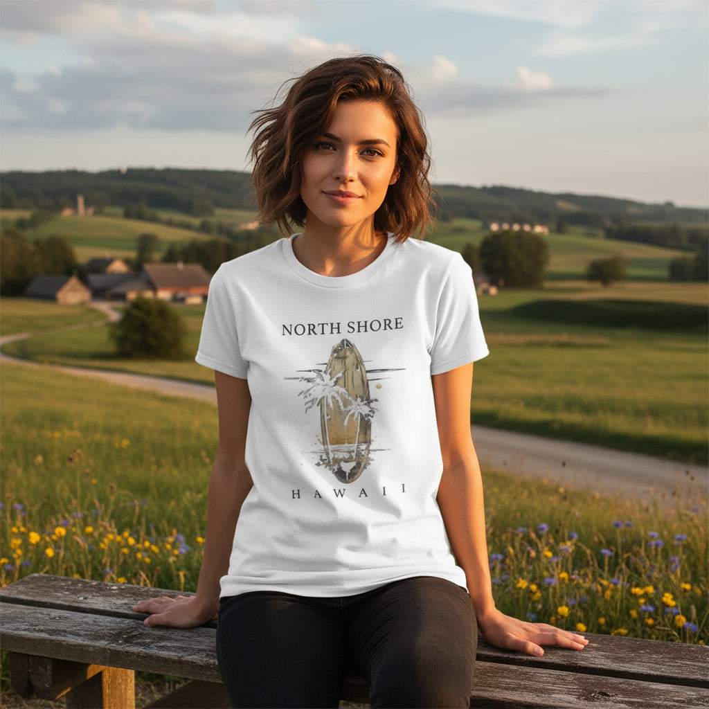 frau trägt hawaii sommer beach unisex t-shirt mit north shore hawaii print in ländlicher sommerlandschaft