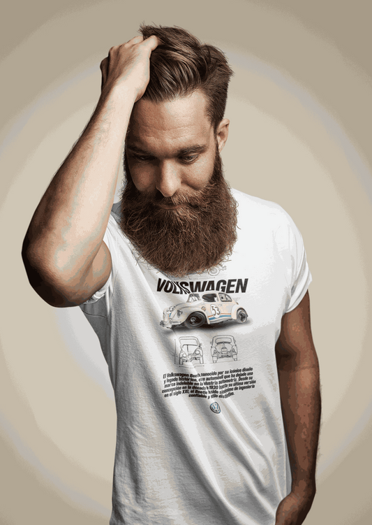 Mann trägt weißes Käfer Traum T-Shirt mit VW Käfer Motiv und Schriftzug Volkswagen